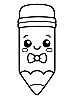 A kawaii coloring page of a smiling cartoon pencil wearing a sweet little bow tie.