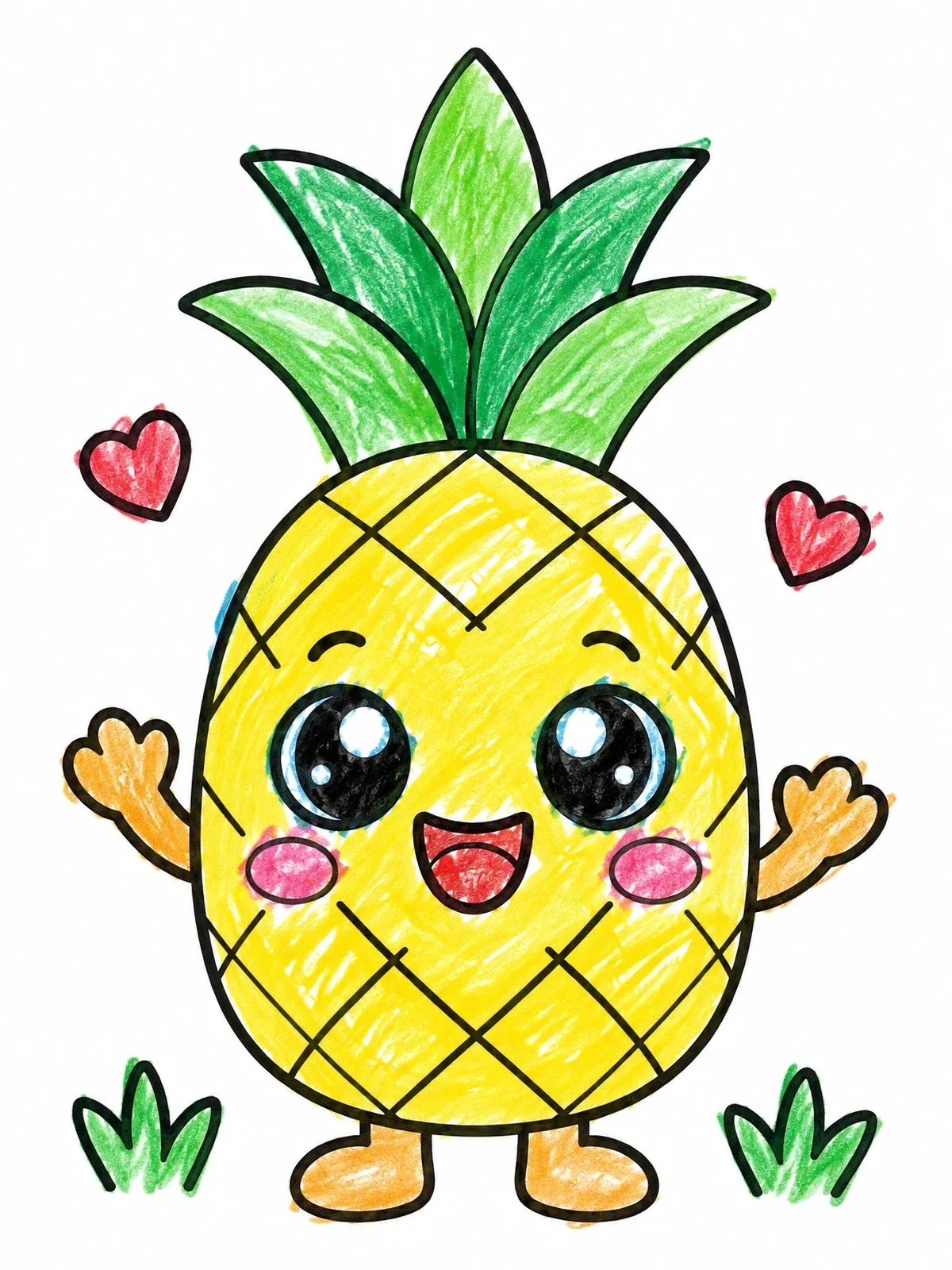 Colored example of the Cute Kawaii Pineapple With Hearts coloring page