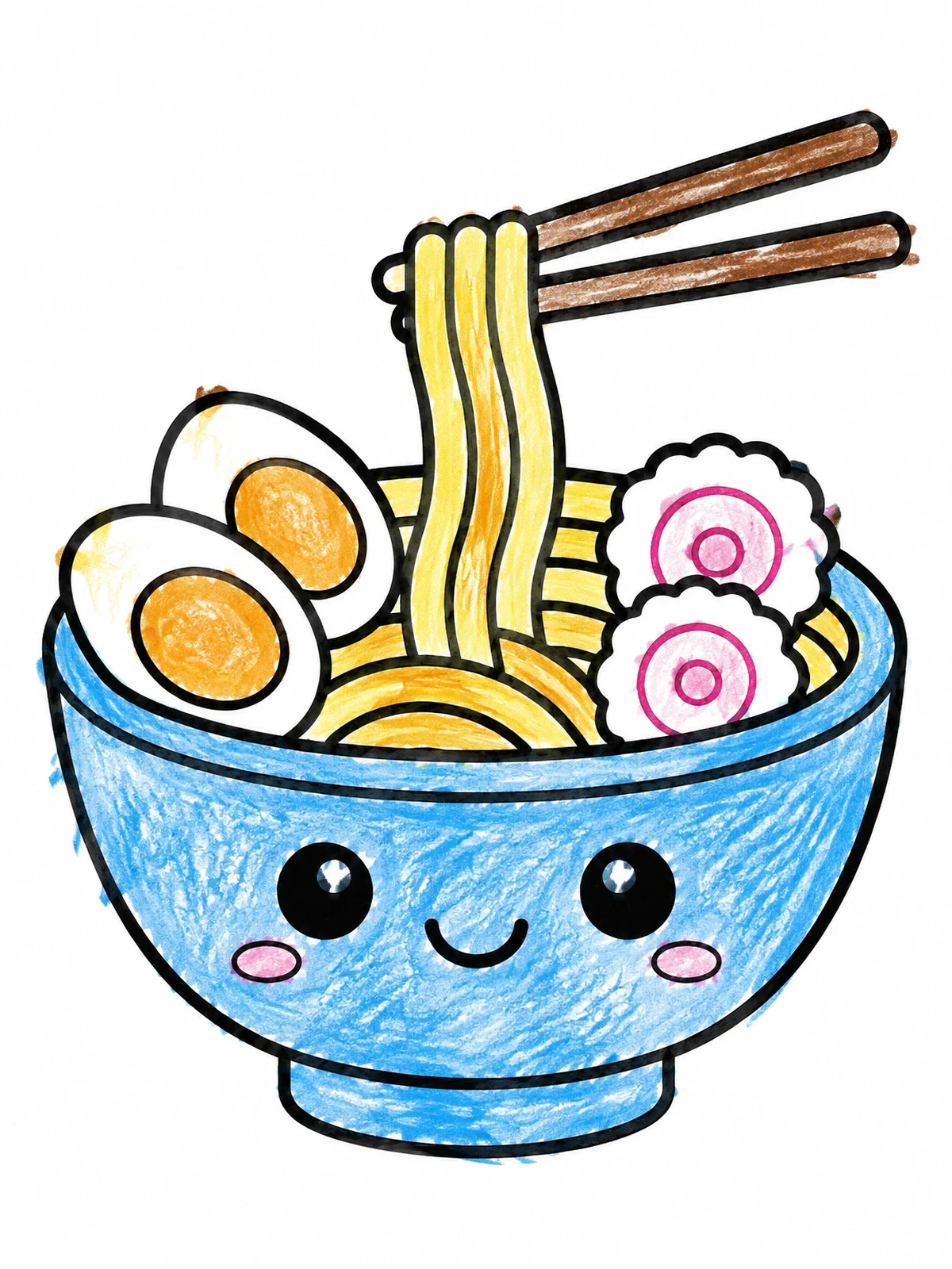 Colored example of the Cute Kawaii Ramen Bowl With Chopsticks coloring page
