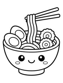 A smiling kawaii ramen coloring page with noodles, eggs, fish cakes, and chopsticks.