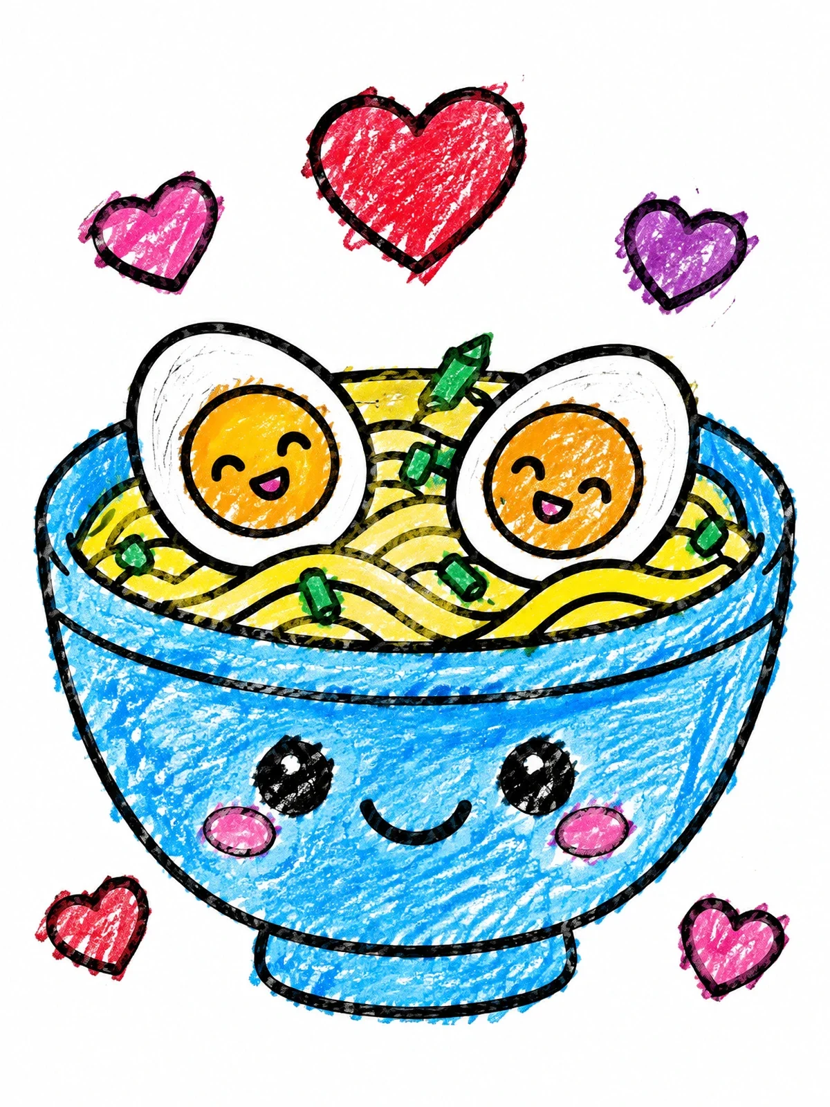 Colored example of the Cute Kawaii Ramen Bowl With Hearts coloring page