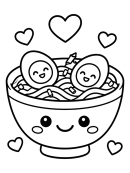 A sweet smiling ramen coloring page featuring noodle soup, cute egg halves, and floating hearts.