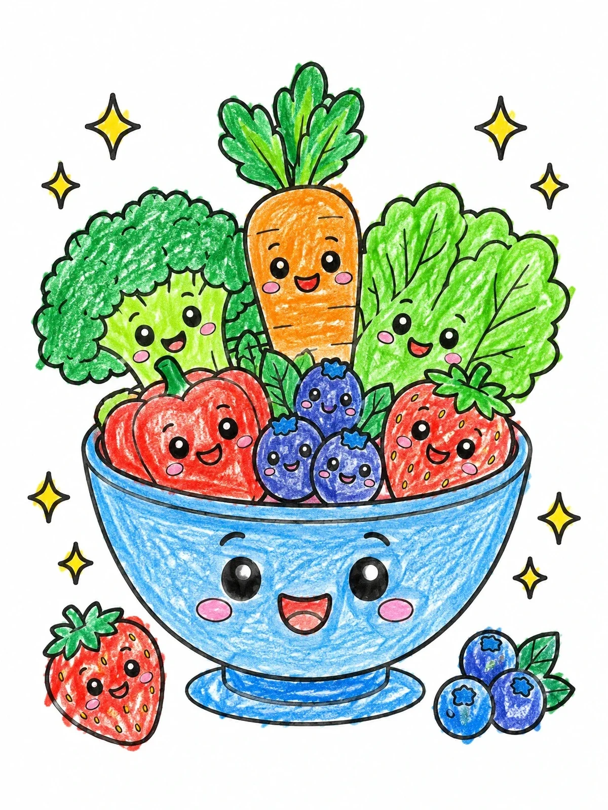 Colored example of the Cute Kawaii Salad Bowl coloring page
