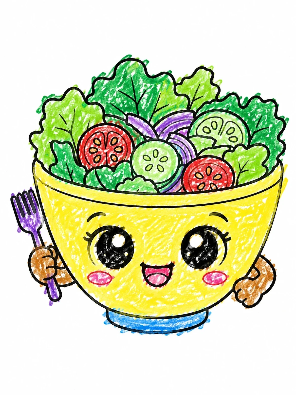 Colored example of the Cute Kawaii Salad Bowl With Fork coloring page