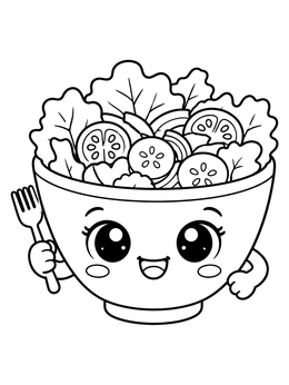 Free printable Cute Kawaii Salad Bowl With Fork coloring page