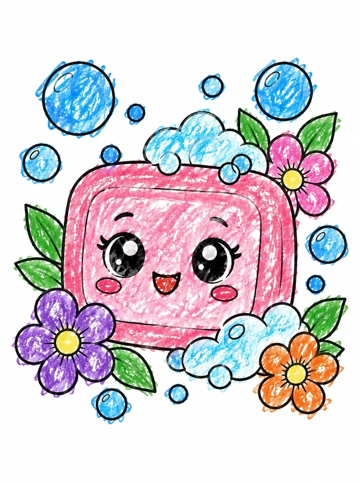 Colored example of the Cute Kawaii Soap Bar With Flowers coloring page