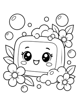 A cute kawaii soap coloring page with cheerful eyes, frothy bubbles, and blooming flowers.
