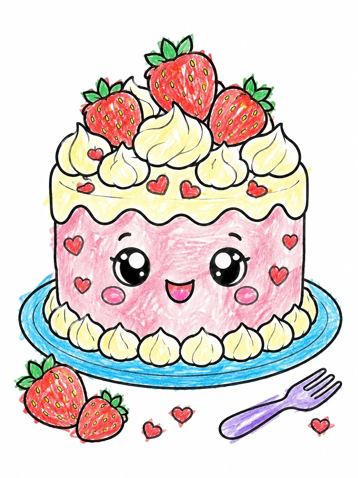 Colored example of the Cute Kawaii Strawberry Birthday Cake coloring page
