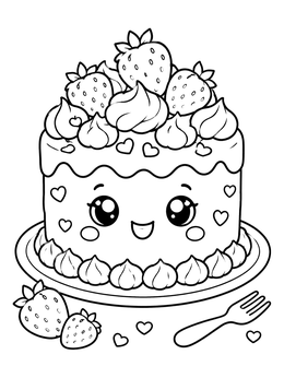 Free printable Cute Kawaii Strawberry Birthday Cake coloring page