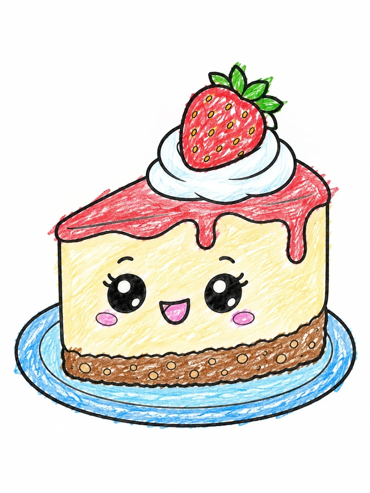 Colored example of the Cute Kawaii Strawberry Cheesecake Slice coloring page