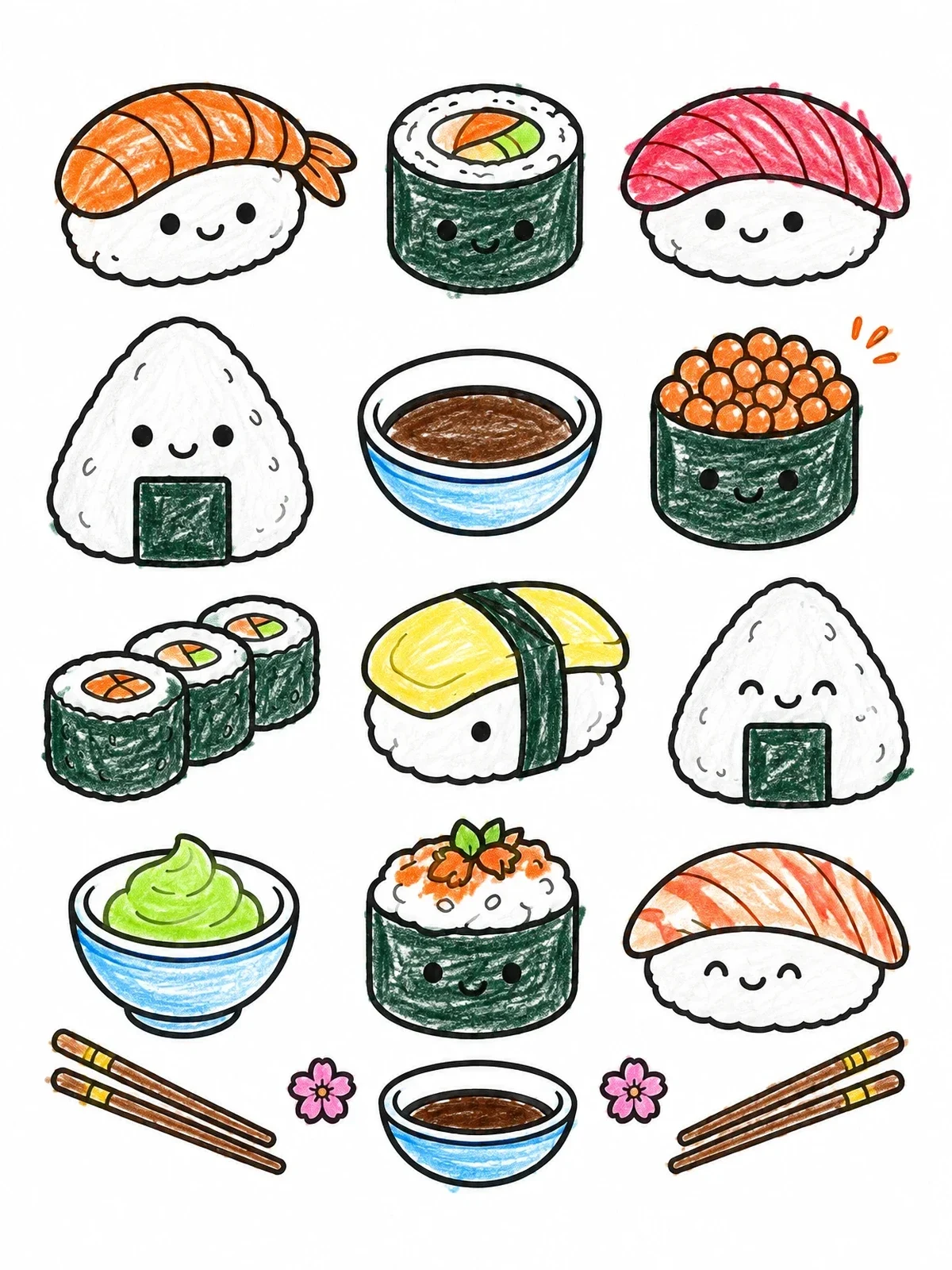 Colored example of the Cute Kawaii Sushi And Onigiri Collection coloring page