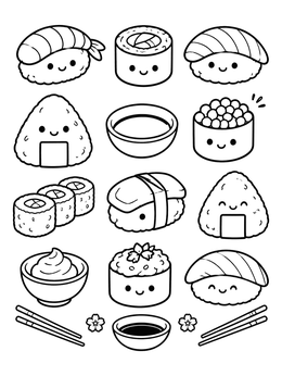 Free printable Cute Kawaii Sushi And Onigiri Collection coloring page