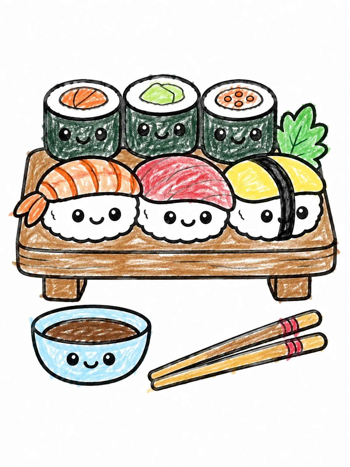 Colored example of the Cute Kawaii Sushi Platter Set coloring page