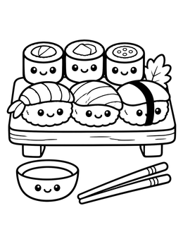 Free printable Cute Kawaii Sushi Platter Set coloring page