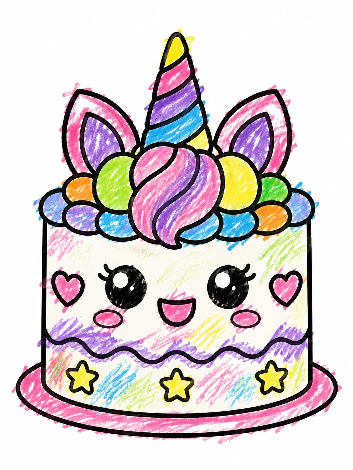 Colored example of the Cute Kawaii Unicorn Celebration Cake coloring page