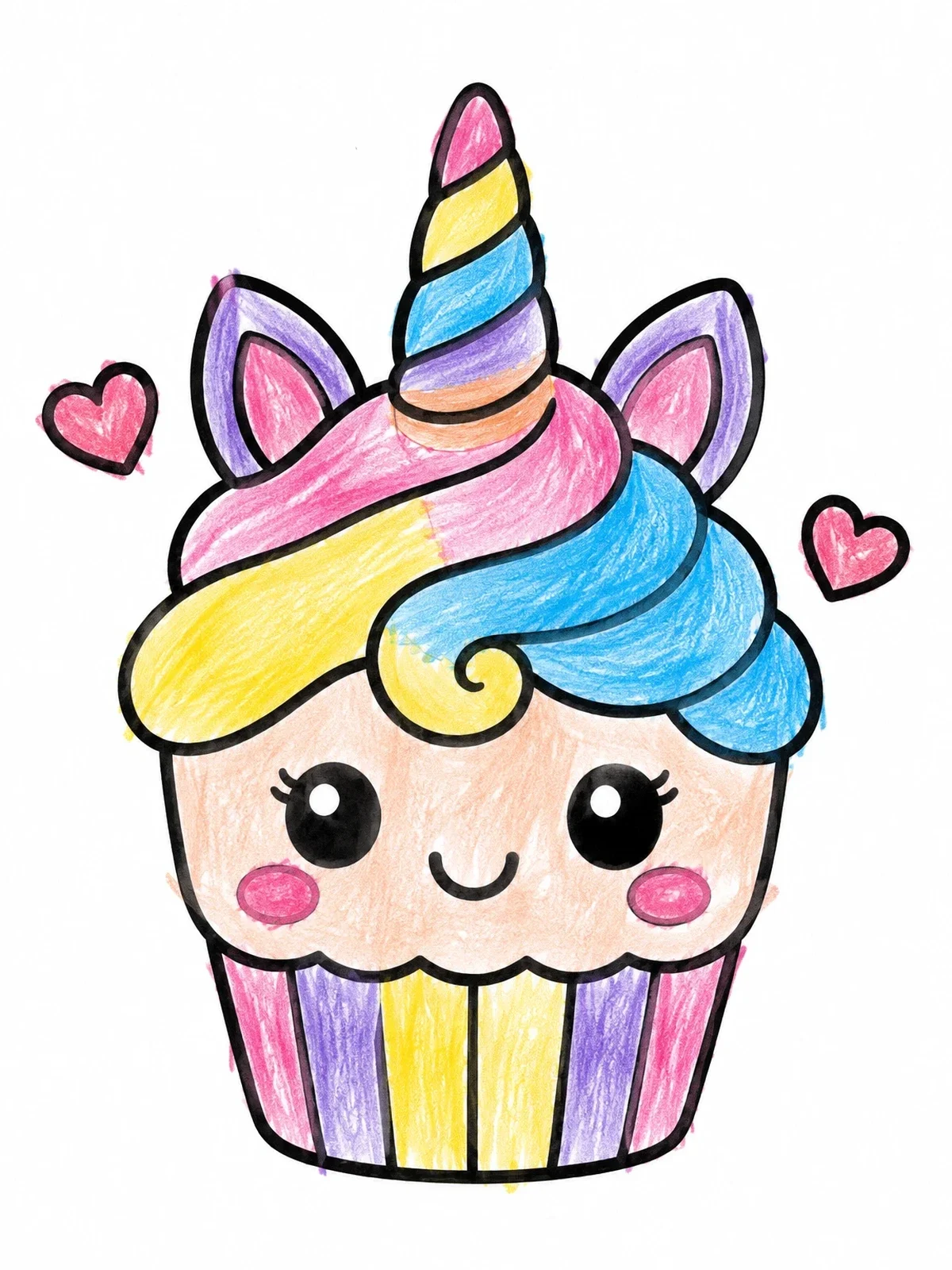 Colored example of the Cute Kawaii Unicorn Cupcake coloring page