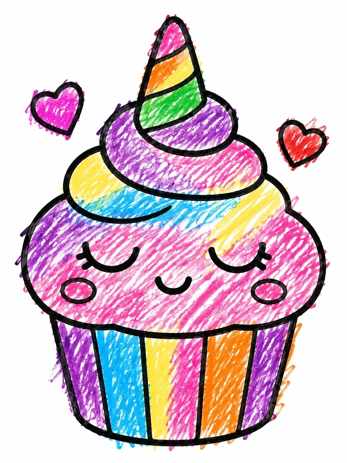 Colored example of the Cute Kawaii Unicorn Muffin coloring page