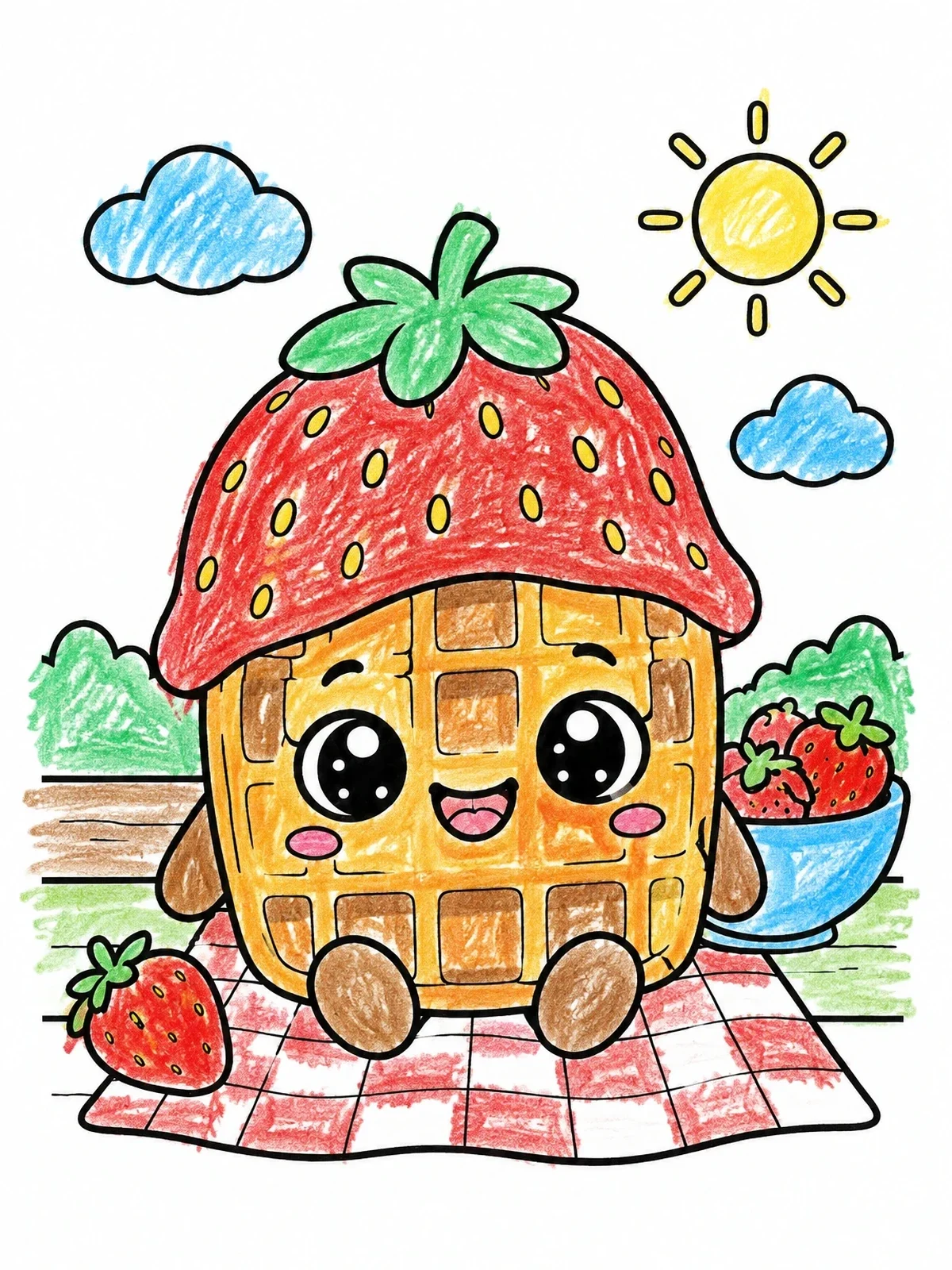 Colored example of the Cute Kawaii Waffle With Strawberry Hat coloring page
