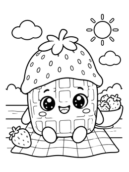 Free printable Cute Kawaii Waffle With Strawberry Hat coloring page