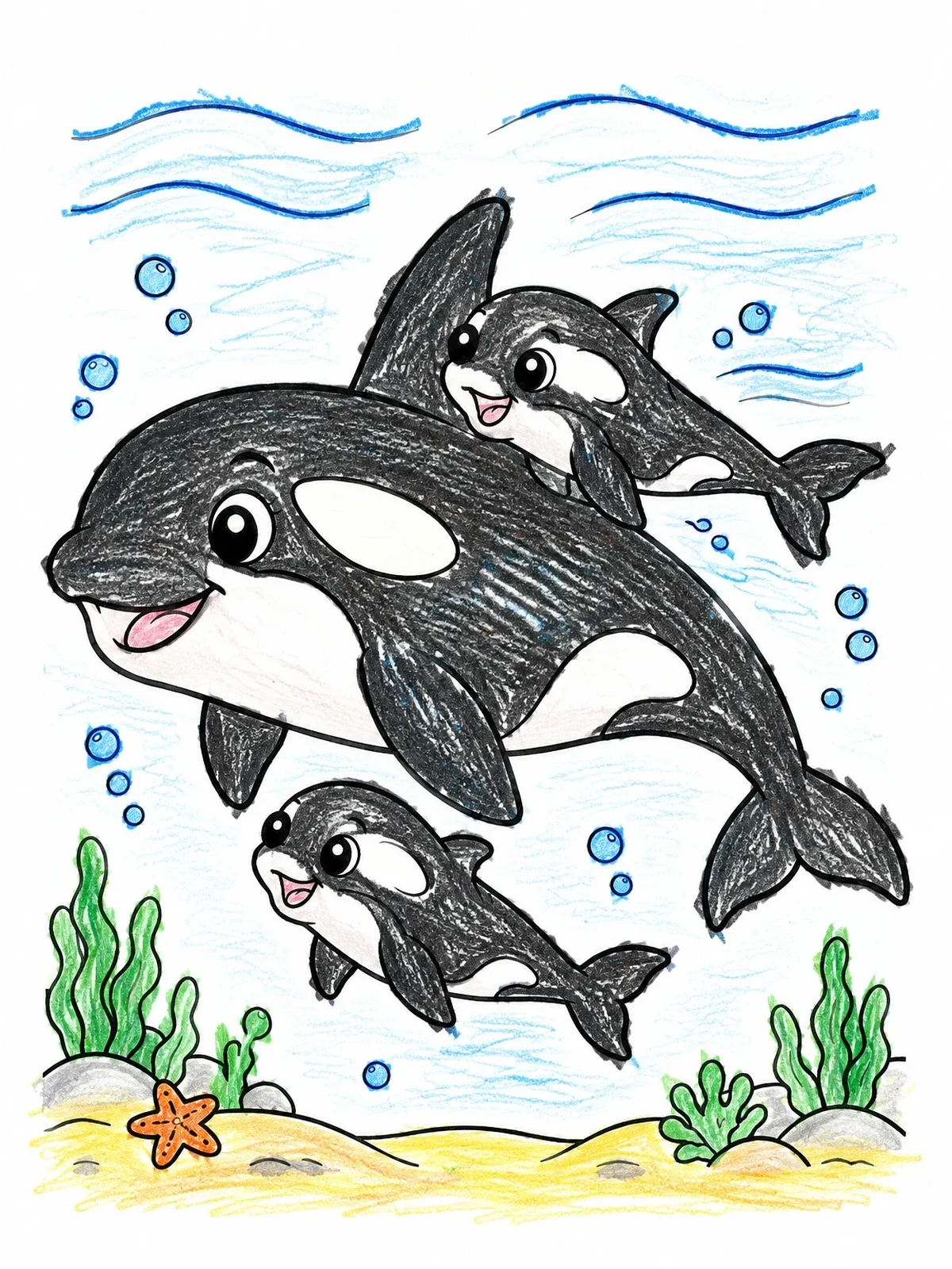 Colored example of the Mother Killer Whale With Two Playful Calves coloring page