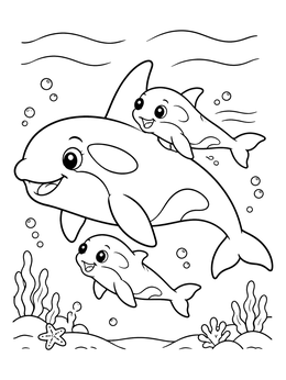 Free printable Mother Killer Whale With Two Playful Calves coloring page
