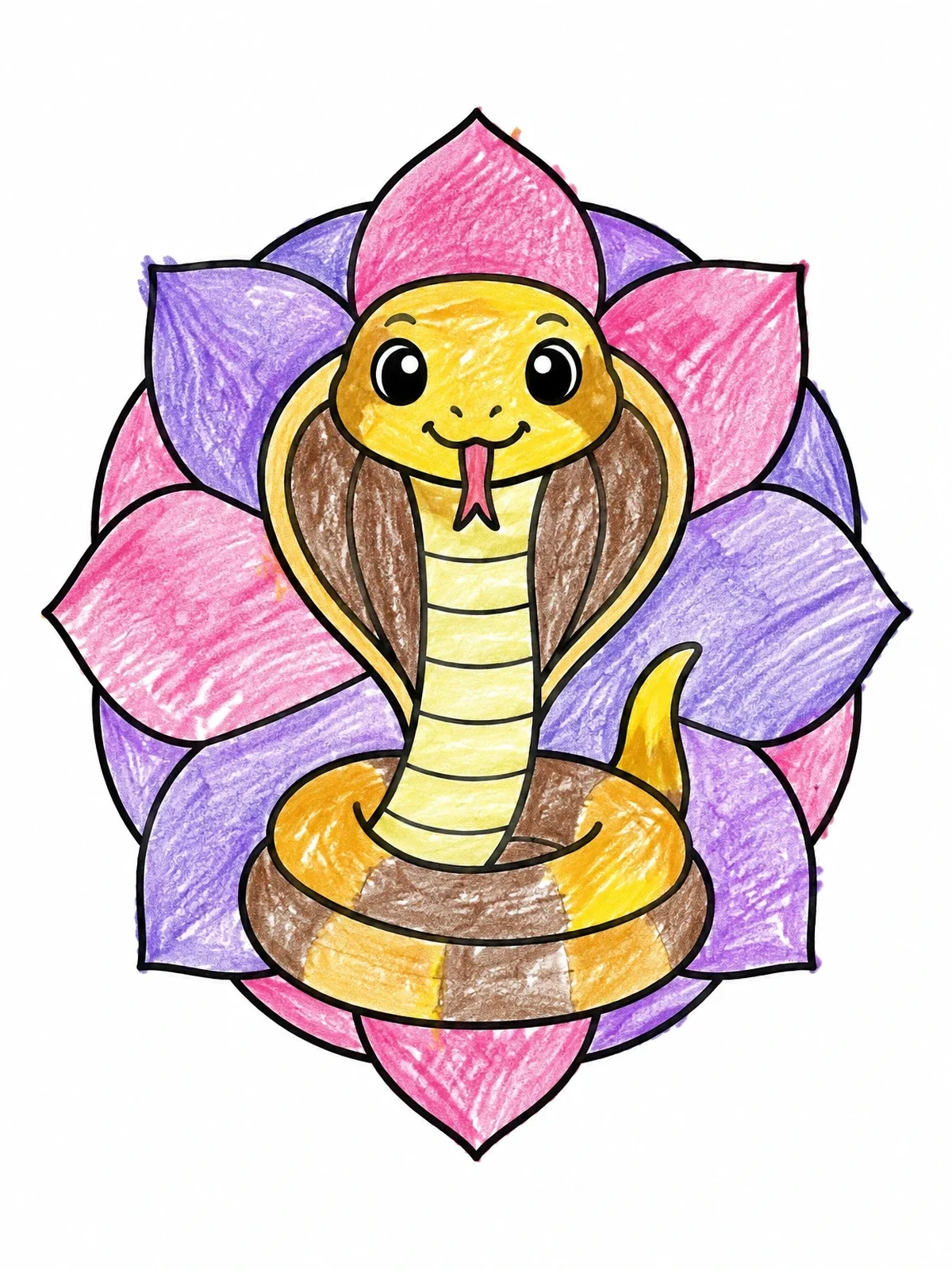 Colored example of the Cute King Cobra On Flower Petals coloring page