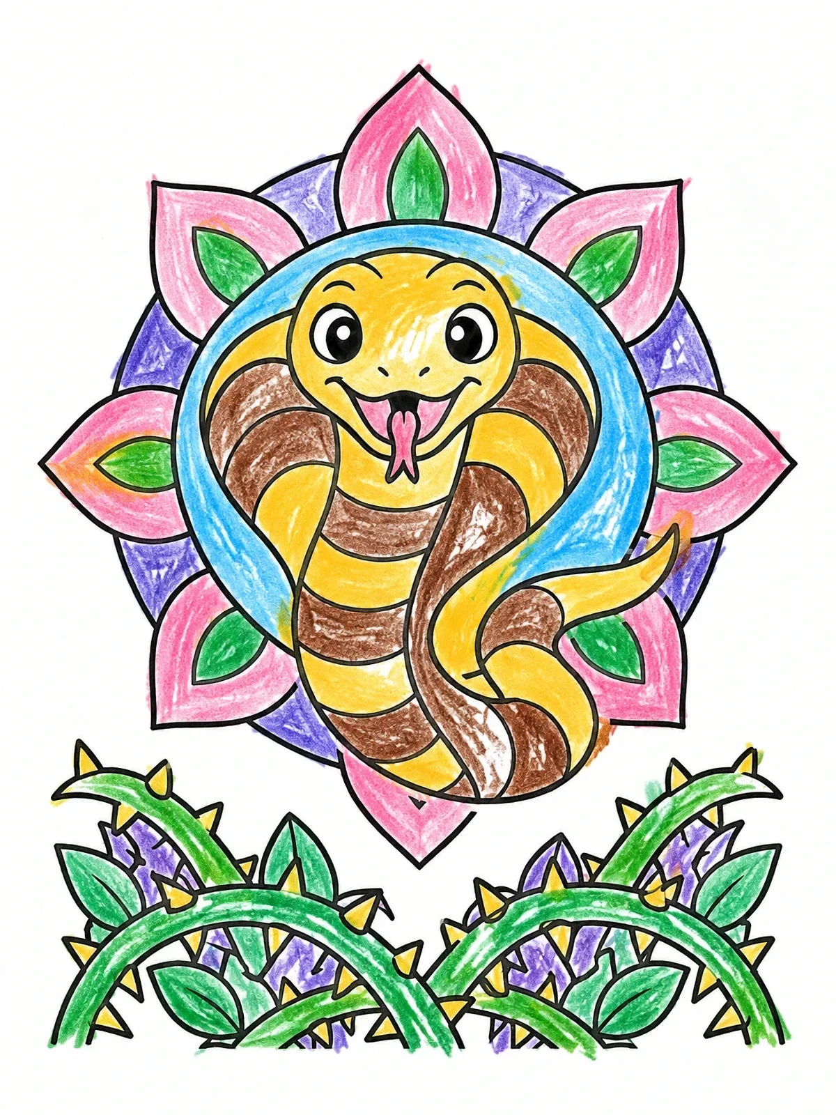 Colored example of the Cute King Cobra With Flower coloring page