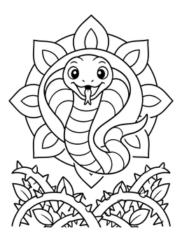 A cheerful cartoon king cobra coloring page hovering over thorny vines against a flower backdrop.