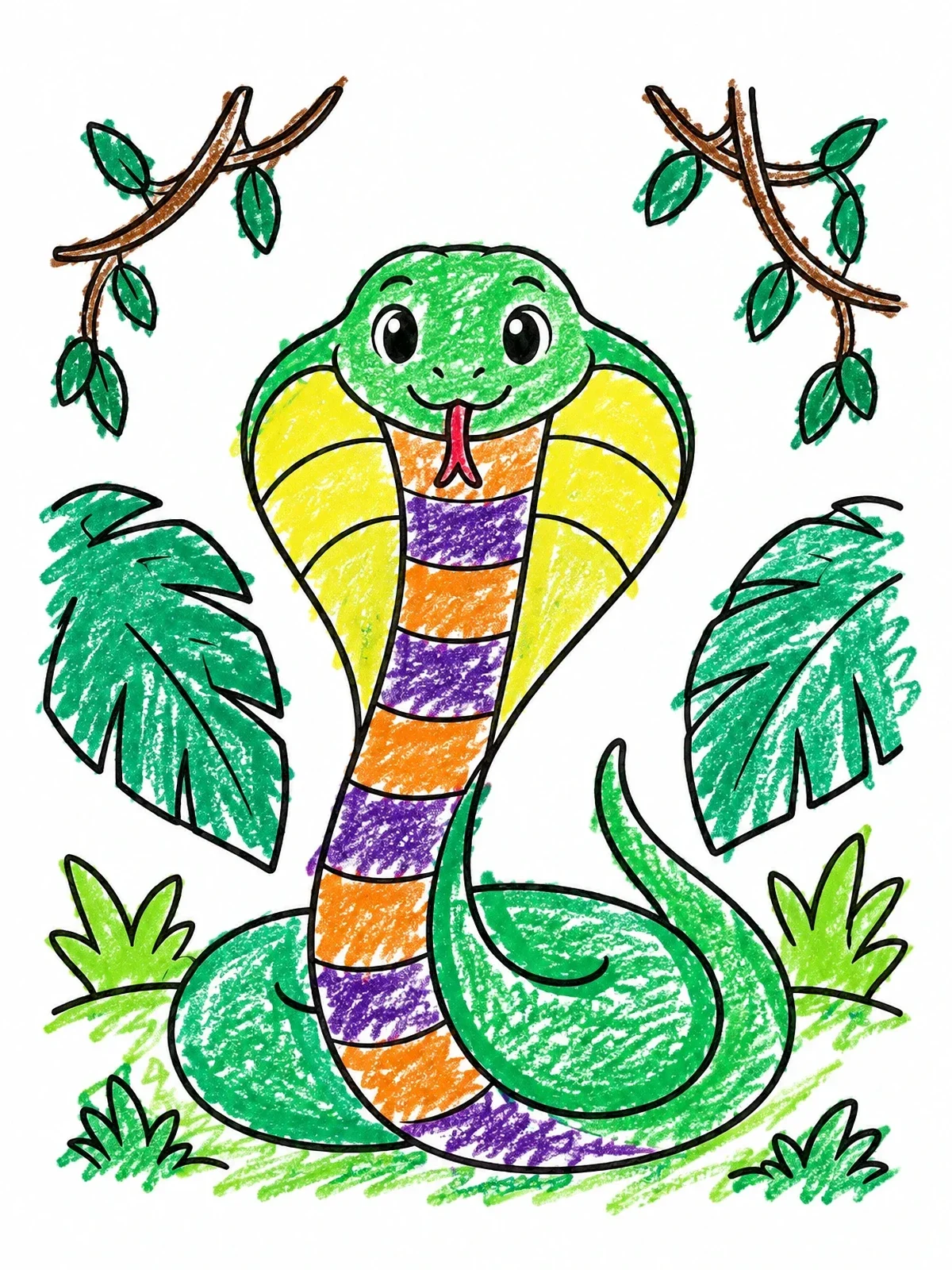 Colored example of the Cute King Cobra In The Jungle coloring page