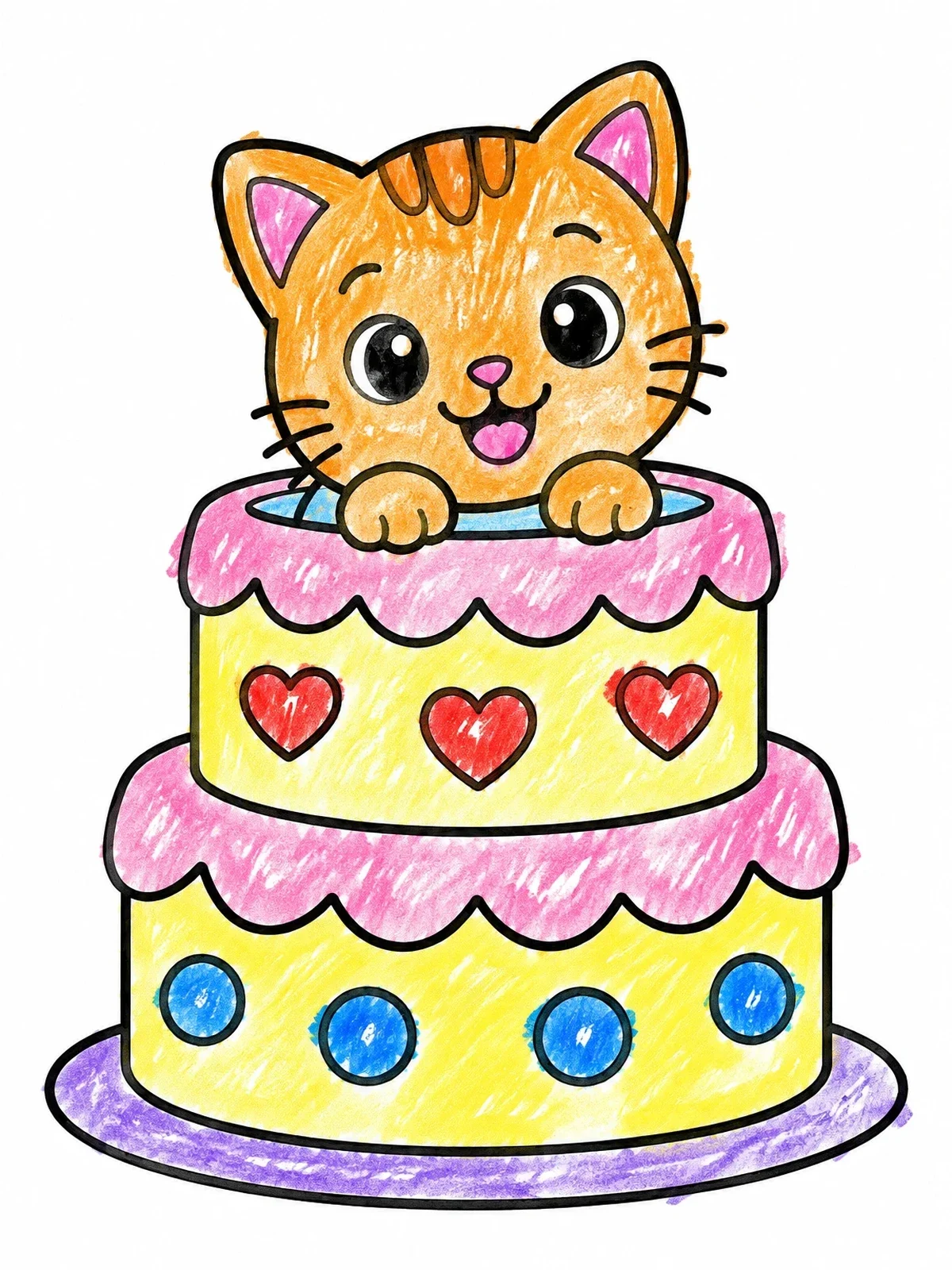 Colored example of the Cute Kitten Inside Birthday Cake coloring page