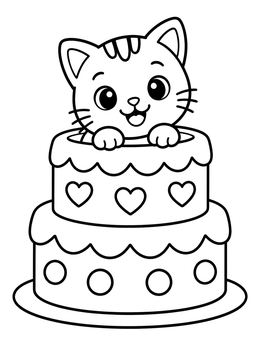 A cheerful kitten smiles inside a tiered cake coloring page with heart decorations.
