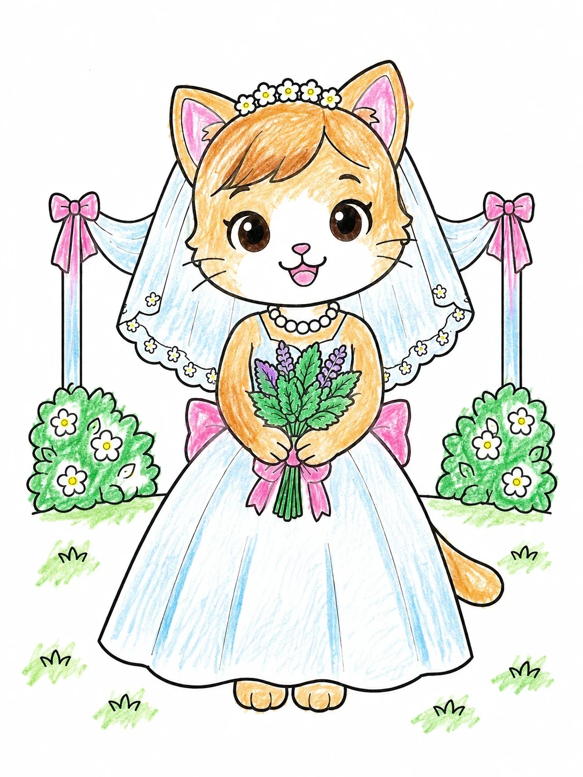 Colored example of the Cute Kitten Bride In Wedding Dress coloring page