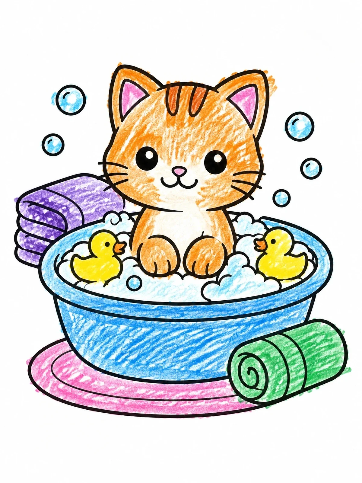 Colored example of the Cute Kitten In Bubble Bath coloring page