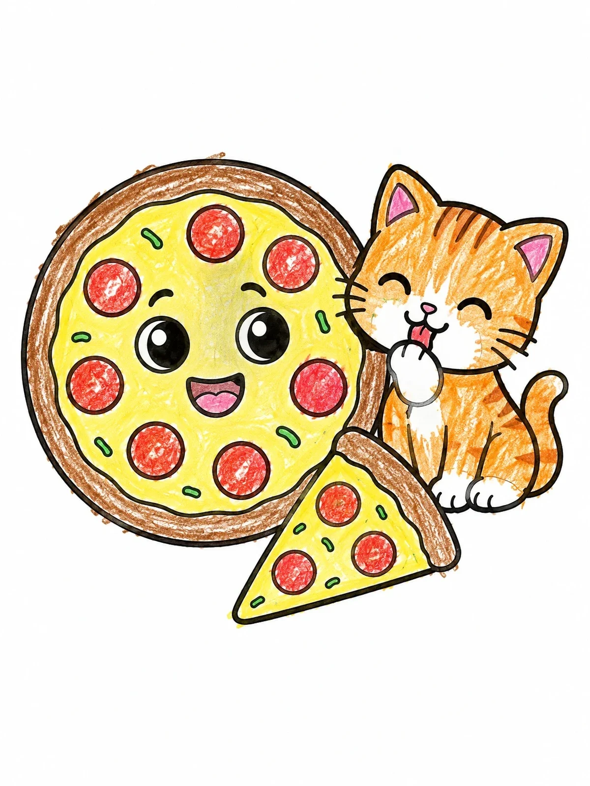Colored example of the Cute Kitten With Cartoon Pizza coloring page