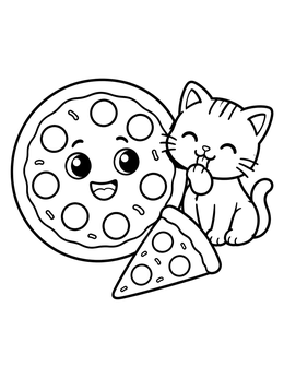 A kitten licking its paw beside a cartoon pie on this pizza coloring page.