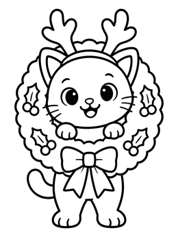 A cheerful christmas kitten coloring page featuring a kitten with reindeer antlers inside a wreath.