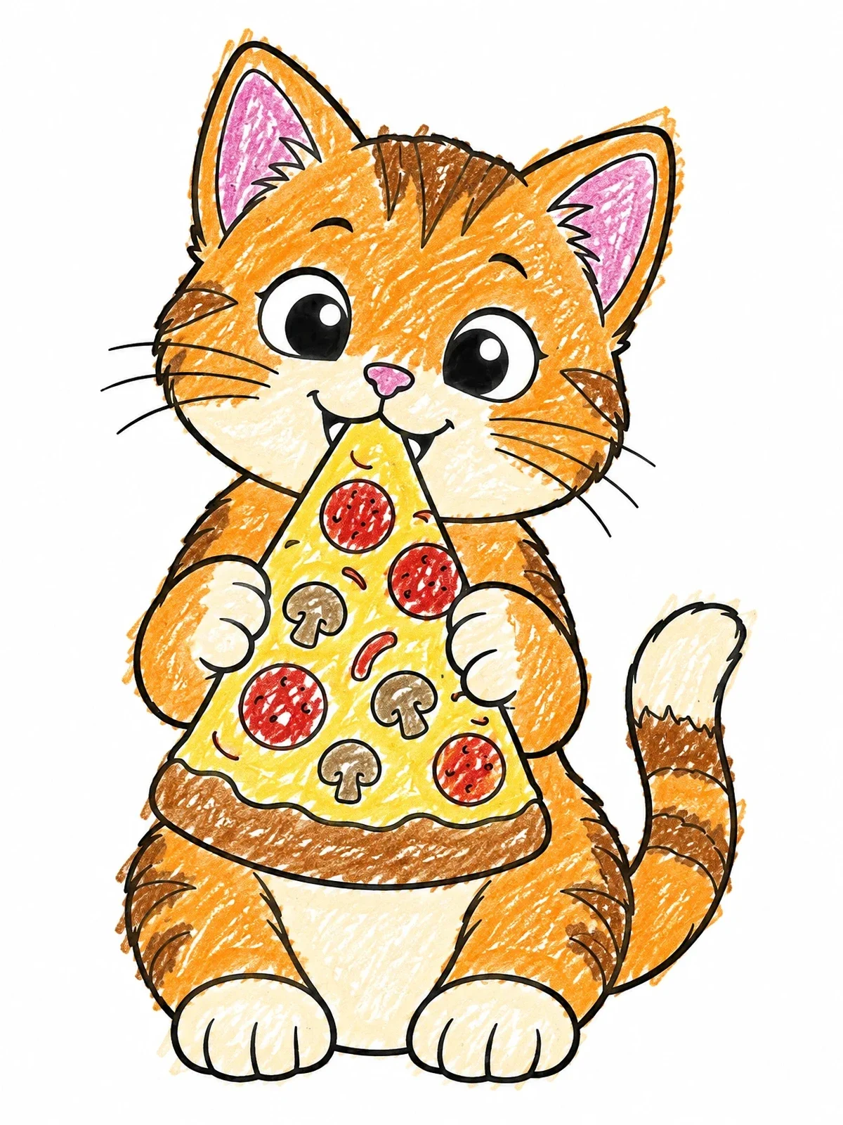 Colored example of the Cute Kitten Eating Pizza Slice coloring page