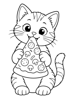 A cheerful striped cat nibbles a snack on this pizza coloring page.