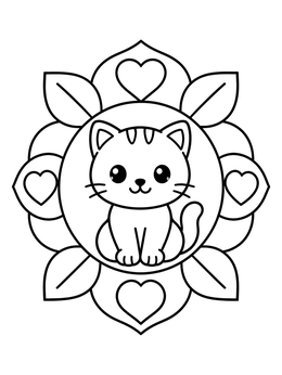 A sweet kitten coloring page framed by hearts and leafy mandala petals.