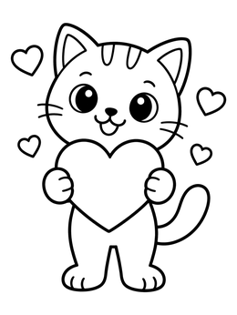 A happy kitten coloring page featuring a cartoon cat holding a large heart surrounded by smaller floating hearts.