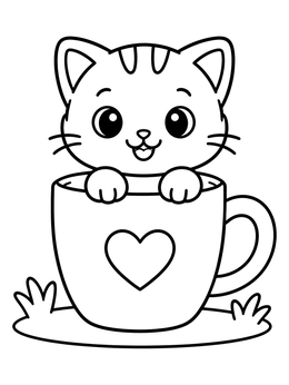 Free printable Cute Kitten In A Cup coloring page