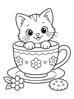 Free printable Cute Kitten In A Floral Teacup coloring page