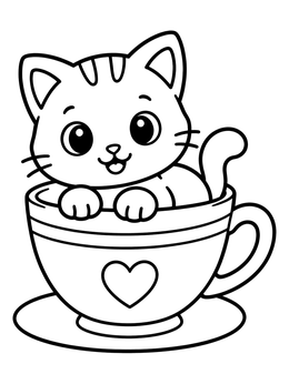 Free printable Cute Kitten In A Teacup coloring page