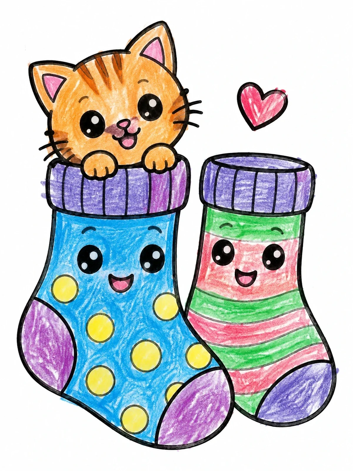 Colored example of the Cute Kitten In Kawaii Socks coloring page