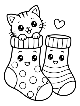 A sweet kitten peeking from a cute socks coloring page with happy faces.