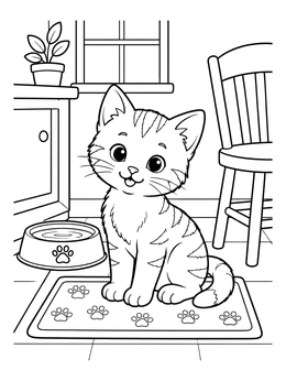 A kitten coloring page showing a playful cat sitting by its water bowl on a mat.