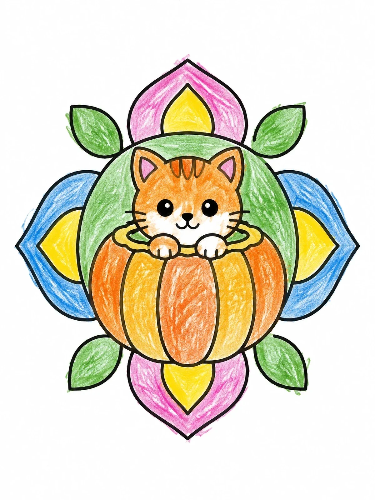 Colored example of the Cute Kitten Inside A Pumpkin Mandala coloring page