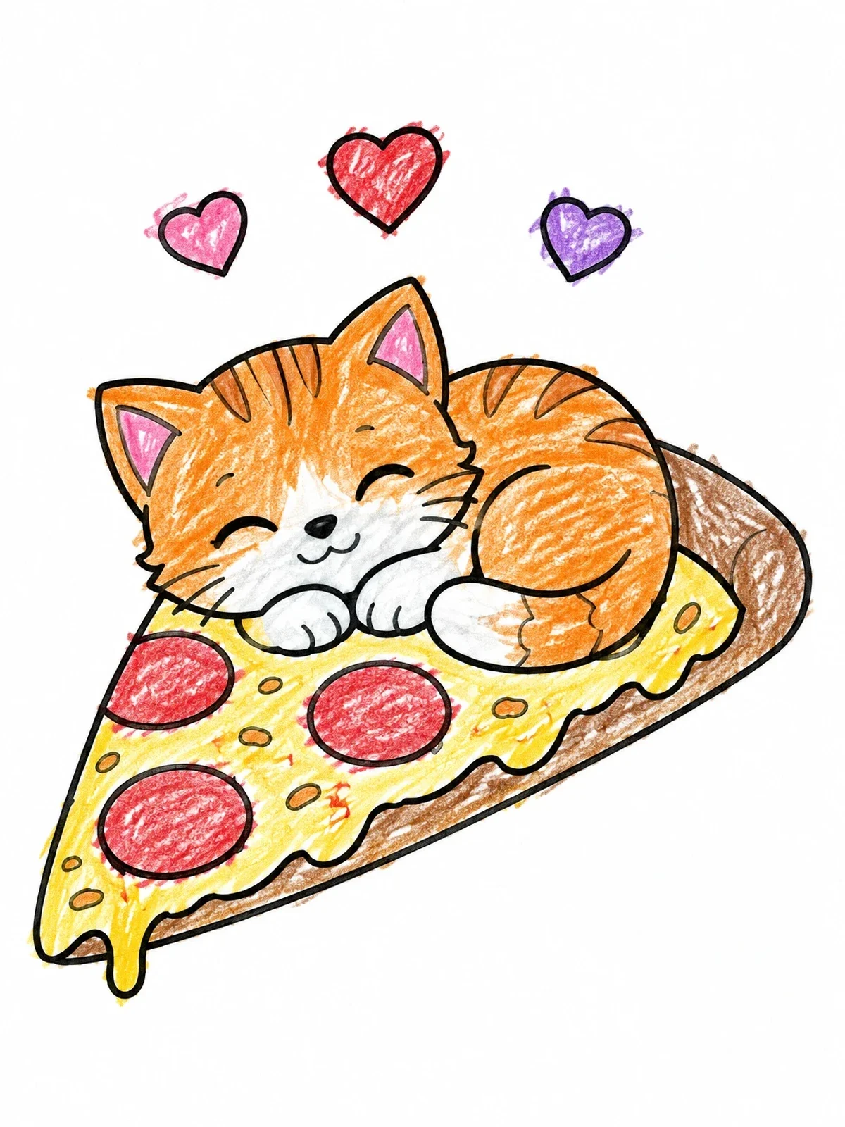 Colored example of the Cute Kitten Sleeping On A Pizza Slice coloring page