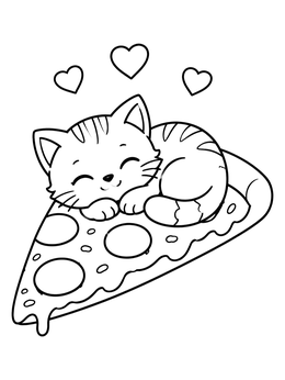 A pizza coloring page showing a sleepy kitten curled up on a slice of pepperoni pizza.