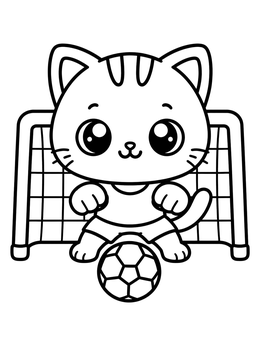 A cute kitten coloring page showing a playful cat goalie defending a soccer net.